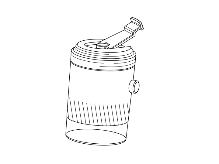 Black-and-white patent line drawing of the travel mug generated from the sketch